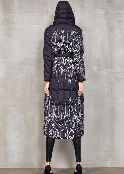 Casual black prints down jacket woman oversize hooded winter jacket tie waist New winter outwear - SooLinen