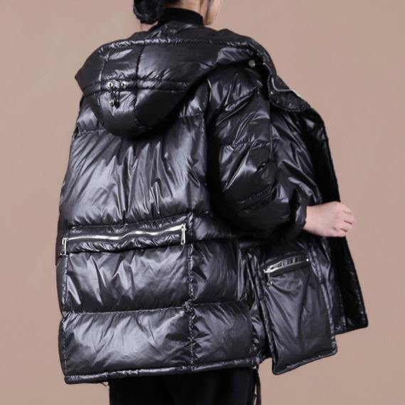 Casual black warm winter coat plus size clothing down jacket hooded zippered Casual overcoat - SooLinen