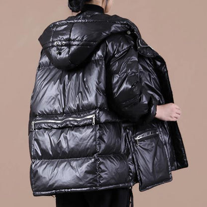 Casual black warm winter coat plus size clothing down jacket hooded zippered Casual overcoat - SooLinen