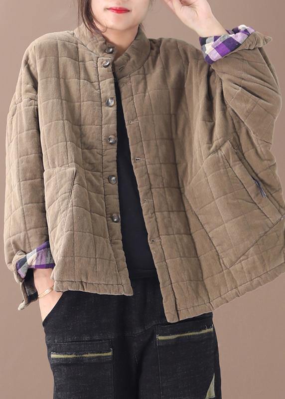 Casual khaki women casual thick stand collar outwear - SooLinen