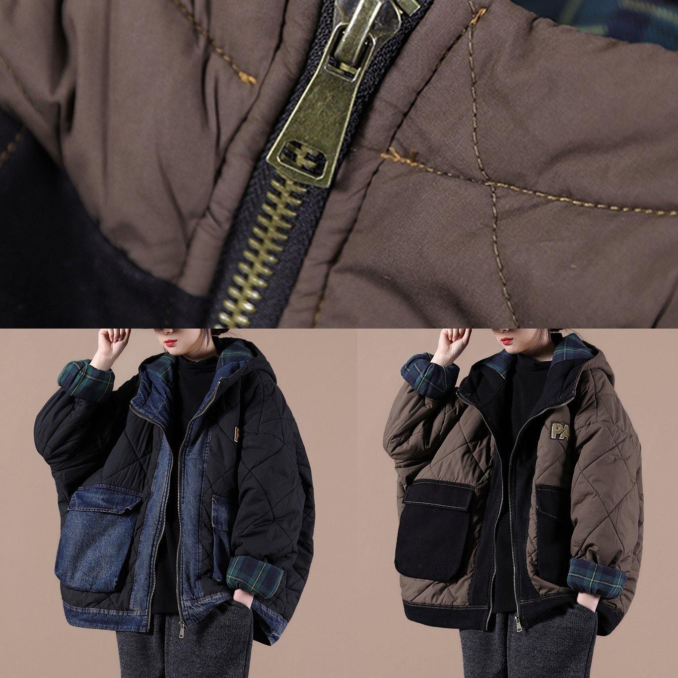 Casual oversize warm winter coat chocolate hooded patchwork plaid Parkas for women - SooLinen