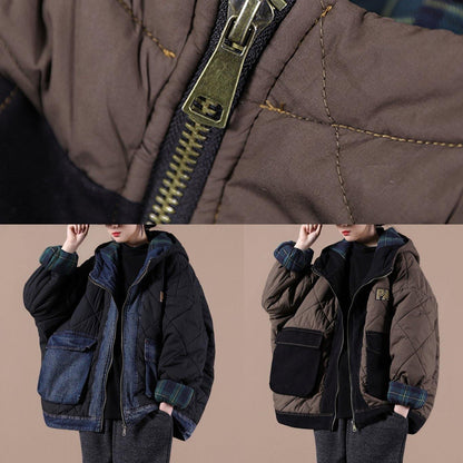 Casual oversize warm winter coat chocolate hooded patchwork plaid Parkas for women - SooLinen