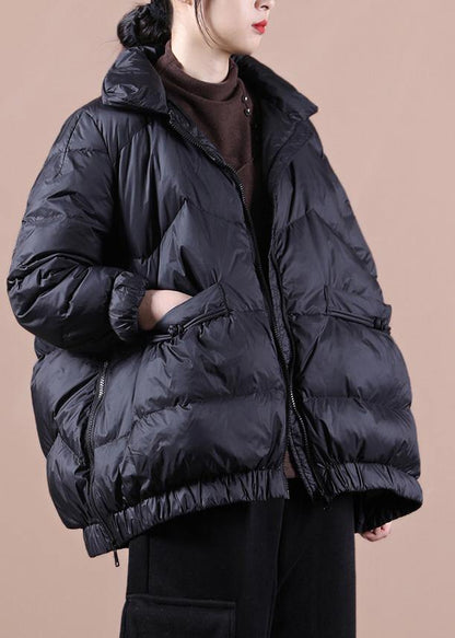 Casual plus size clothing womens parka zippered overcoat black stand collar warm winter jackets - SooLinen
