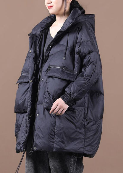 Casual plus size down jacket black hooded Batwing Sleeve down coat winter - SooLinen