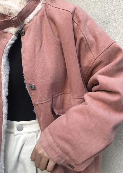 Casual snow jackets stand collar overcoat pink winter parkas - SooLinen