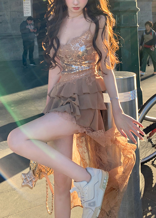 Champagne Color Lace Patchwork Spaghetti Strap Dress V Neck Sleeveless