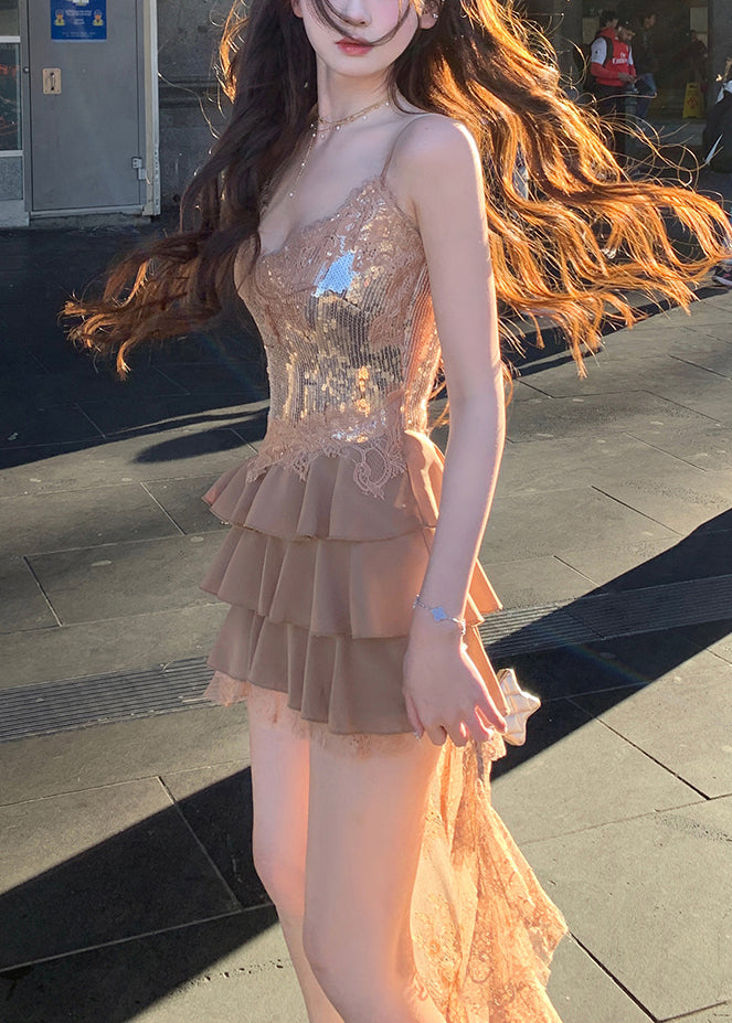 Champagne Color Lace Patchwork Spaghetti Strap Dress V Neck Sleeveless