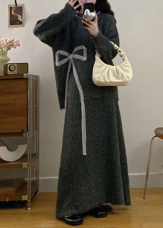 Charcoal Grey Knit Two Piece Set Women Clothing Oversized Bow Print Winter