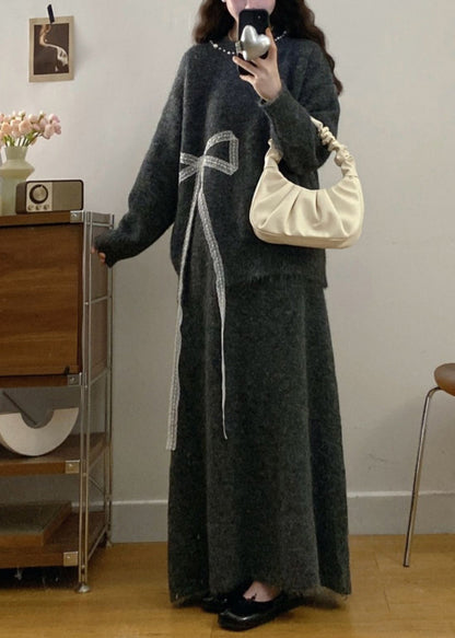 Charcoal Grey Knit Two Piece Set Women Clothing Oversized Bow Print Winter