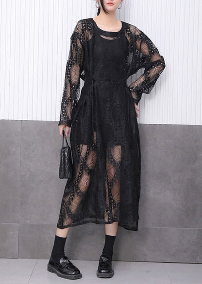 Chic All Black Ensemble Featuring Lace Jacquard Dress Fall