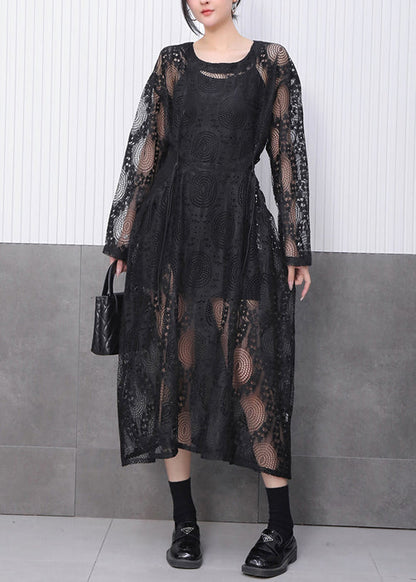 Chic All Black Ensemble Featuring Lace Jacquard Dress Fall