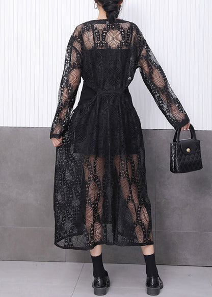 Chic All Black Ensemble Featuring Lace Jacquard Dress Fall