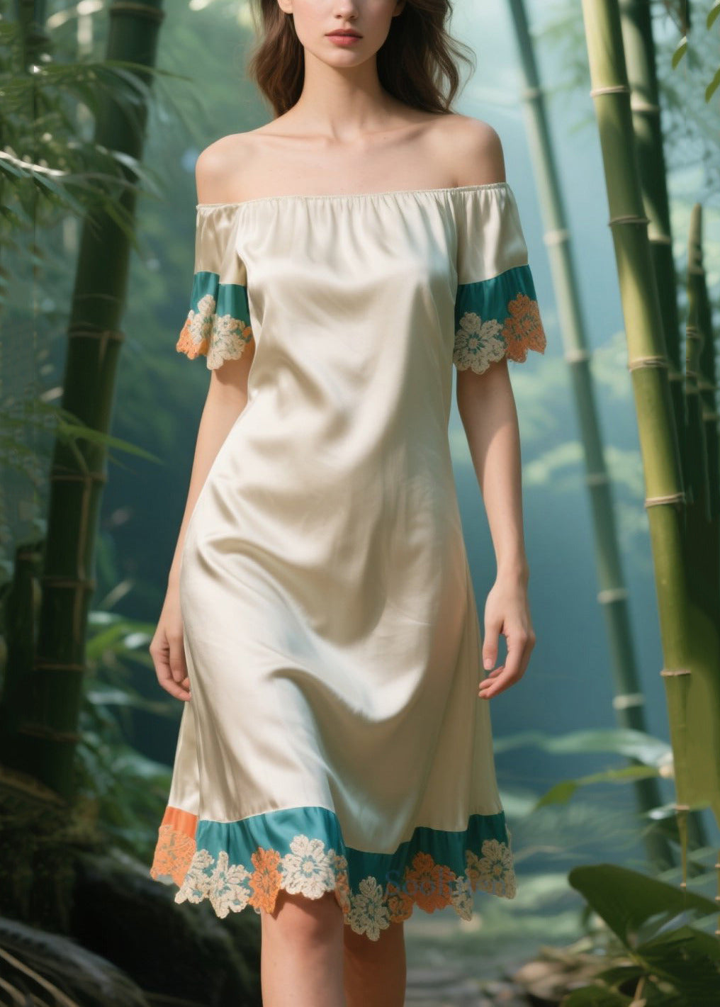 Chic Apricot Cold Shoulder Patchwork Silk Strapless Dress Summer