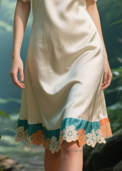 Chic Apricot Cold Shoulder Patchwork Silk Strapless Dress Summer