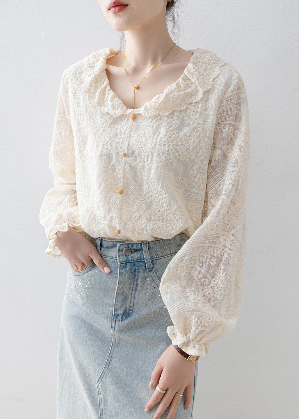 Chic Apricot Embroidered Lace Shirt Tops Spring