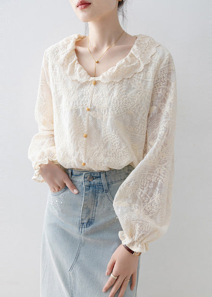 Chic Apricot Embroidered Lace Shirt Tops Spring