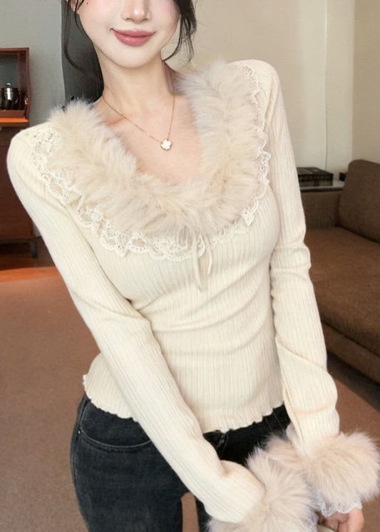 Chic Apricot Fur Lace Patchwork Knit Top Spring