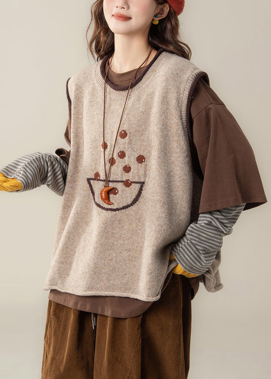 Chic Apricot Jacquard Knit Vest And Coffee T Shirt Patchwork Two Piece Set