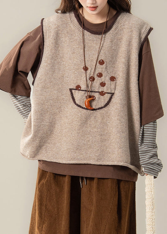 Chic Apricot Jacquard Knit Vest And Coffee T Shirt Patchwork Two Piece Set