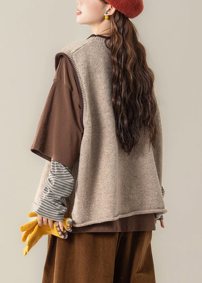 Chic Apricot Jacquard Knit Vest And Coffee T Shirt Patchwork Two Piece Set