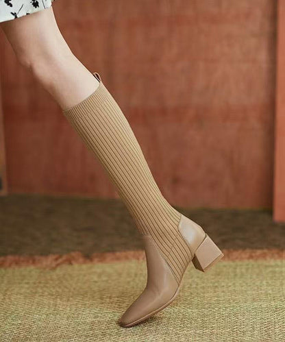 Chic Apricot Knitted Splicing Square Toe Chunky Knee Boots