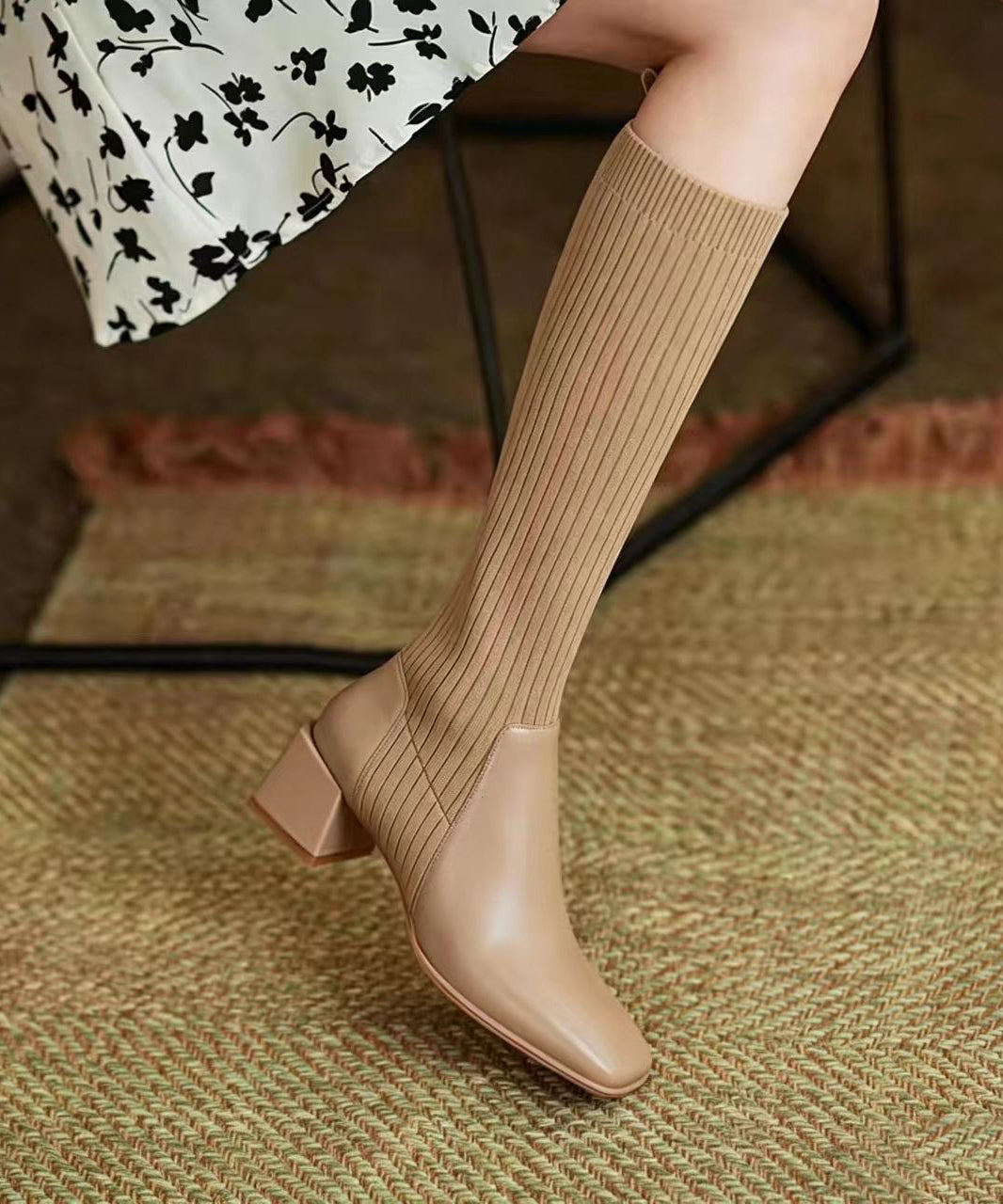 Chic Apricot Knitted Splicing Square Toe Chunky Knee Boots