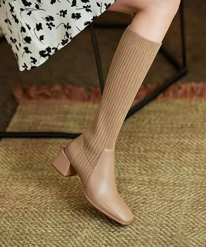 Chic Apricot Knitted Splicing Square Toe Chunky Knee Boots