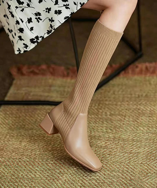 Chic Apricot Knitted Splicing Square Toe Chunky Knee Boots