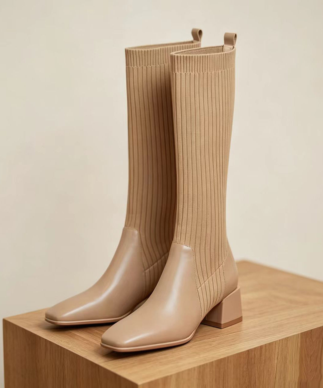 Chic Apricot Knitted Splicing Square Toe Chunky Knee Boots
