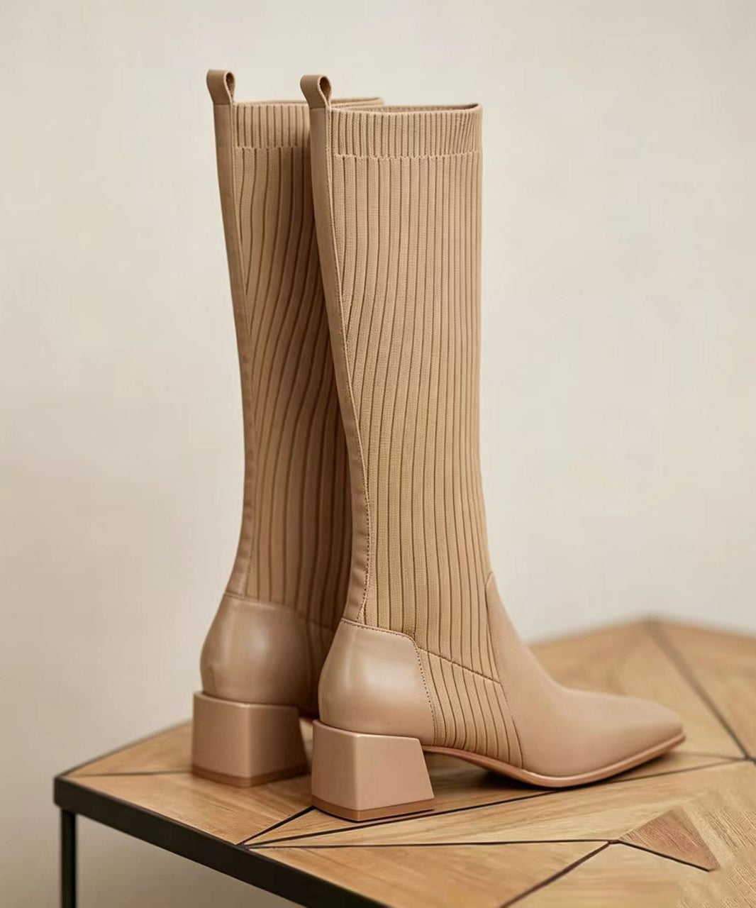Chic Apricot Knitted Splicing Square Toe Chunky Knee Boots