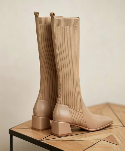Chic Apricot Knitted Splicing Square Toe Chunky Knee Boots