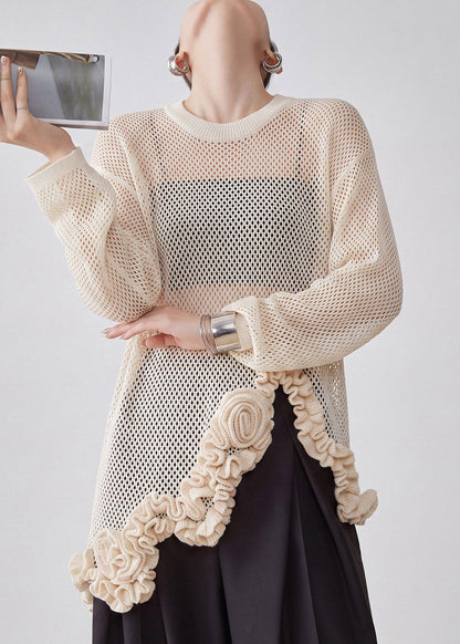 Chic Apricot O-Neck Asymmetrical Floral Hollow Out Knit Shirt Fall