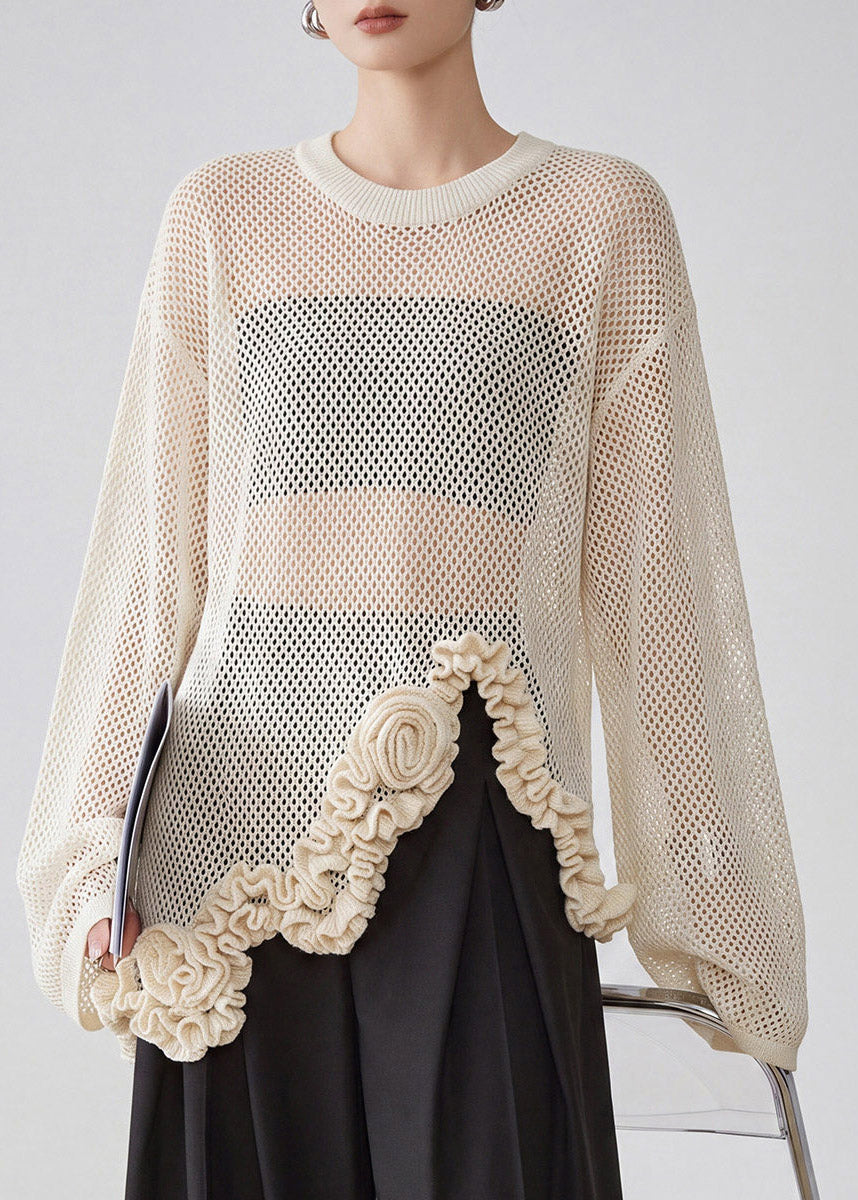 Chic Apricot O-Neck Asymmetrical Floral Hollow Out Knit Shirt Fall