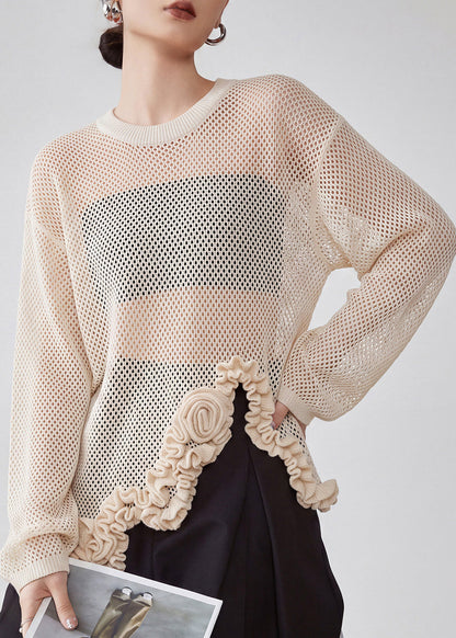 Chic Apricot O-Neck Asymmetrical Floral Hollow Out Knit Shirt Fall