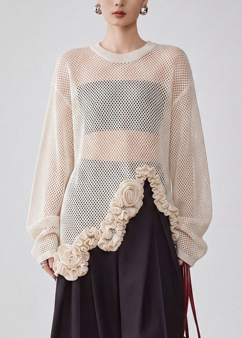 Chic Apricot O-Neck Asymmetrical Floral Hollow Out Knit Shirt Fall
