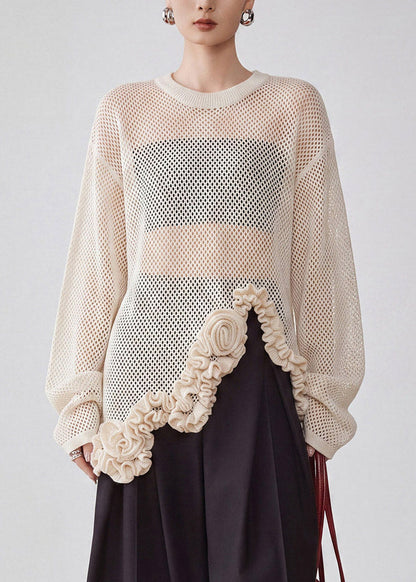 Chic Apricot O-Neck Asymmetrical Floral Hollow Out Knit Shirt Fall