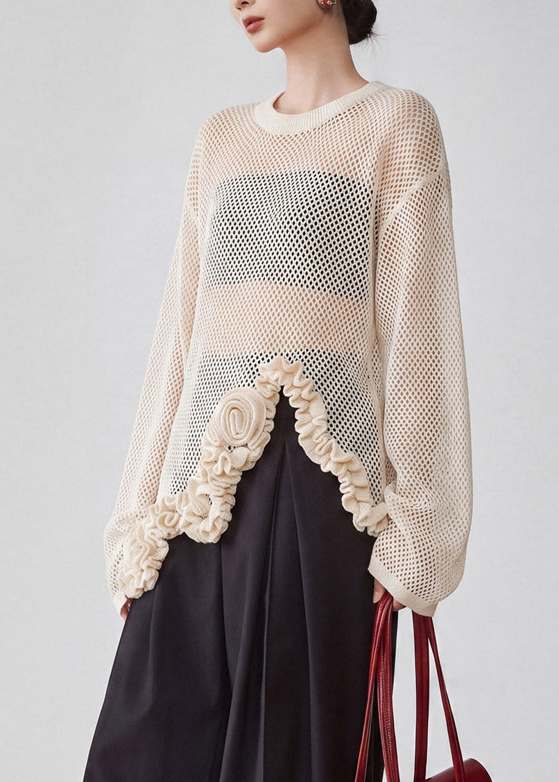 Chic Apricot O-Neck Asymmetrical Floral Hollow Out Knit Shirt Fall