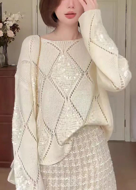 Chic Apricot O Neck Hollow Out Sequins Knit Sweater Fall