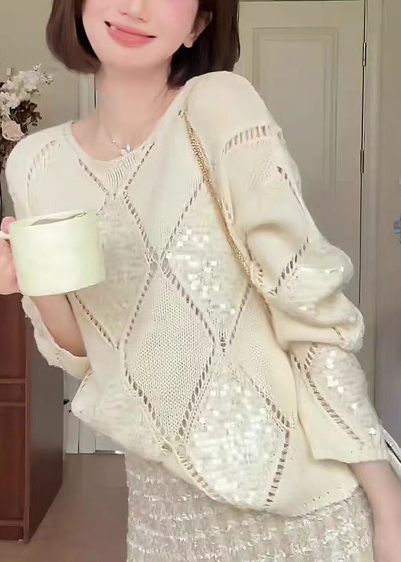 Chic Apricot O Neck Hollow Out Sequins Knit Sweater Fall