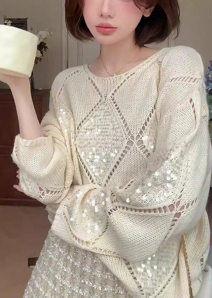 Chic Apricot O Neck Hollow Out Sequins Knit Sweater Fall
