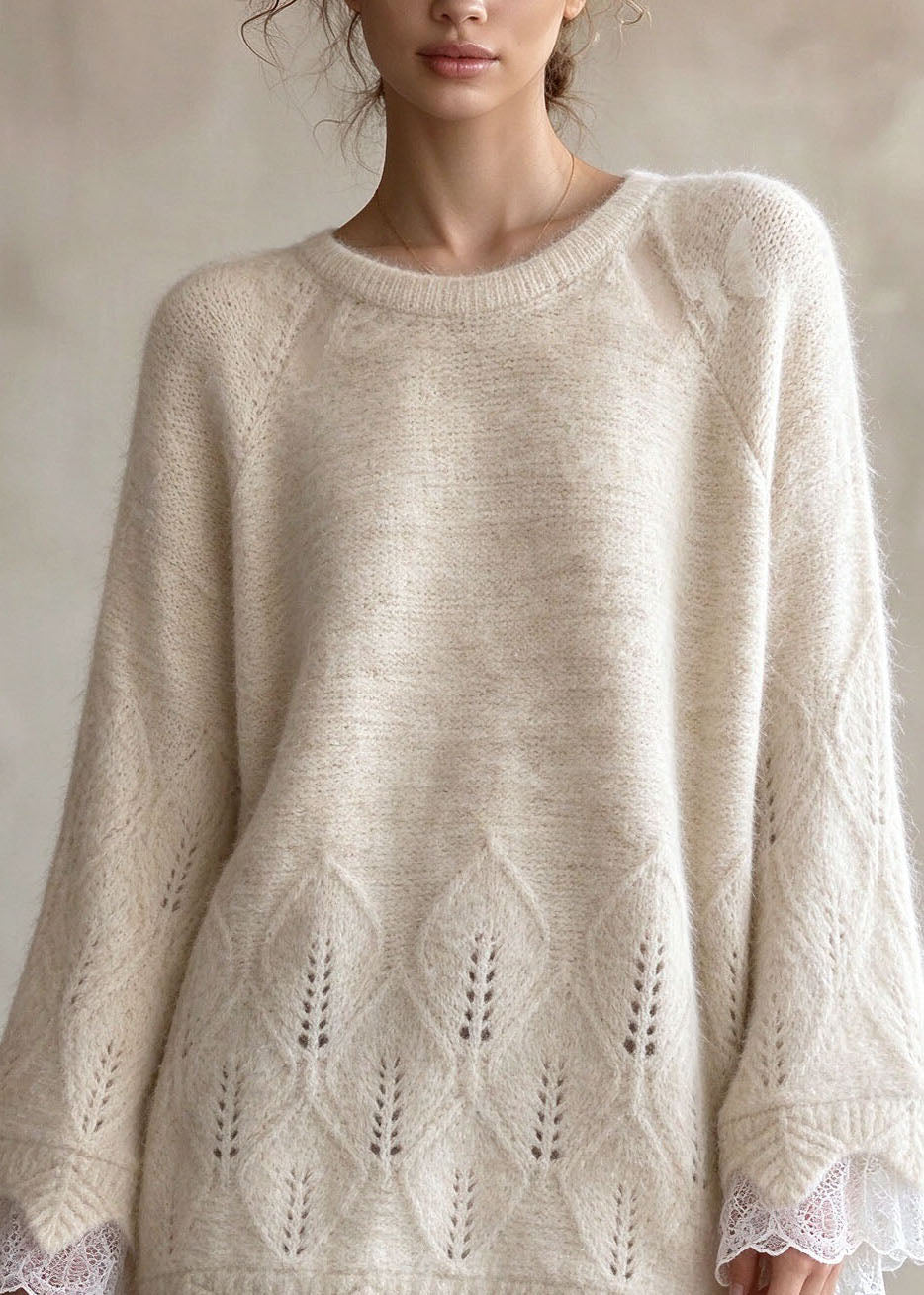 Chic Apricot O Neck Lace Patchwork Knit Sweaters Fall