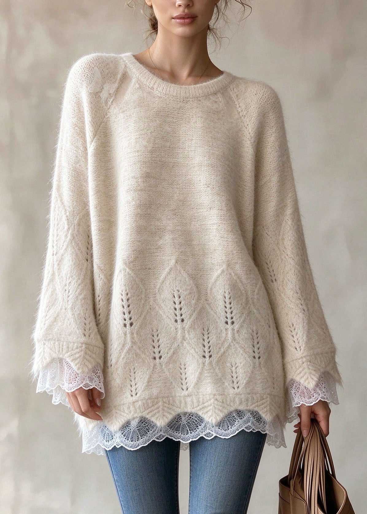 Chic Apricot O Neck Lace Patchwork Knit Sweaters Fall