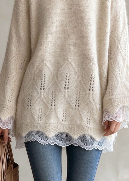 Chic Apricot O Neck Lace Patchwork Knit Sweaters Fall
