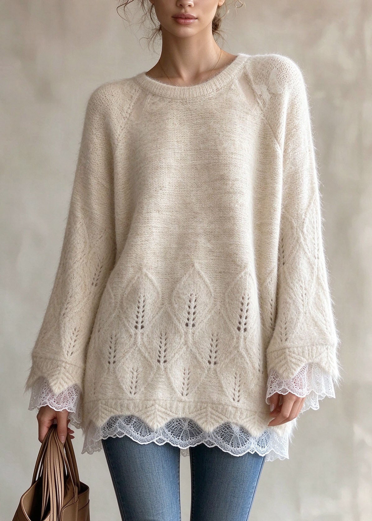 Chic Apricot O Neck Lace Patchwork Knit Sweaters Fall