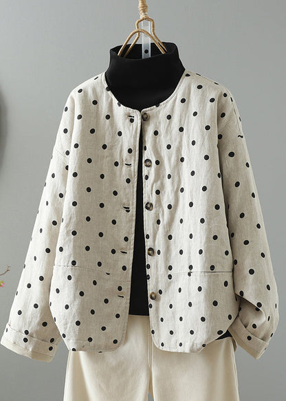 Chic Apricot O Neck Pockets Dot Print Fine Cotton Filled Jackets Spring