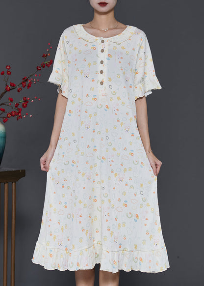 Chic Apricot O-Neck Print Cotton Robe Dresses Summer