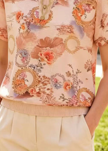 Chic Apricot Peter Pan Collar Print Cotton Shirts Summer