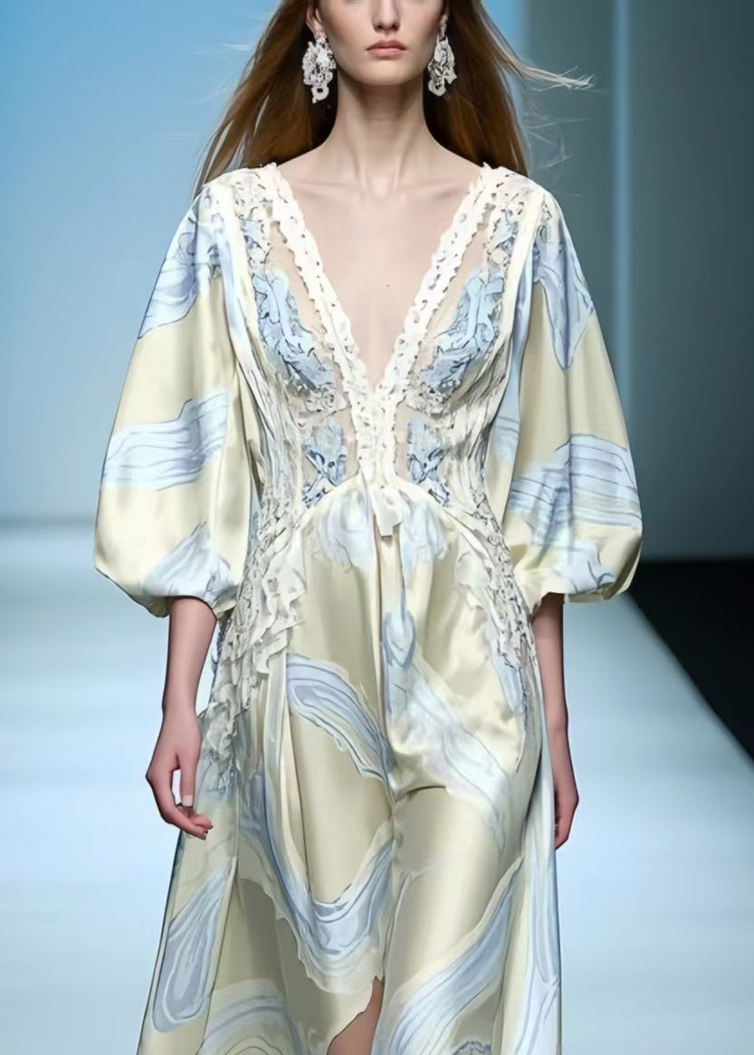 Chic Apricot Print Draping Silk Maxi Dresses Lantern Sleeve