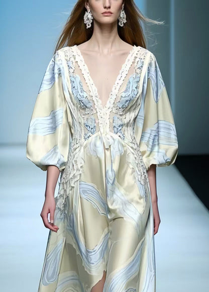 Chic Apricot Print Draping Silk Maxi Dresses Lantern Sleeve