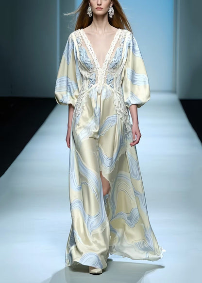 Chic Apricot Print Draping Silk Maxi Dresses Lantern Sleeve